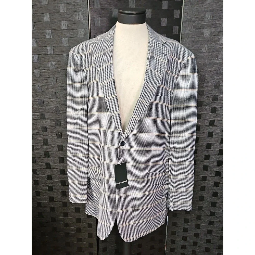 NWT Paul Fredrick Navy & Tan Plaid Blazer Men's 52L
